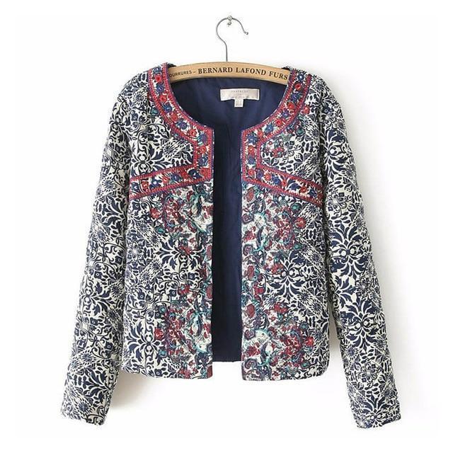 Clothing Style1 / S (US 4-6) spring autumn Retro Print Blue White Round Neck Full Sleeve Jacket Female Embroidered Coat For Women Embroidery Slim tops (US 4-10)