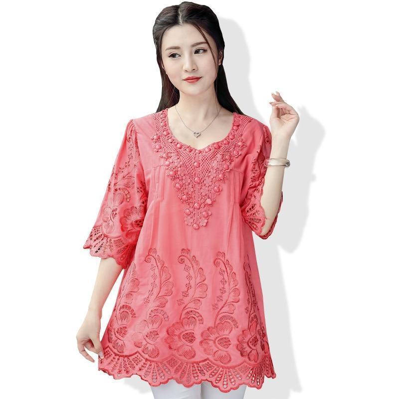 Clothing summer new retro Chinese wind embroidery women blouse hollow out round neck plus size art blouse shirt top blusas 782F 30 (US 14-18W)