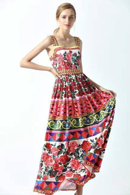 Clothing Summer Runway Spaghetti Strap Rose Flower Print Beading Long Dress (US 2-14)