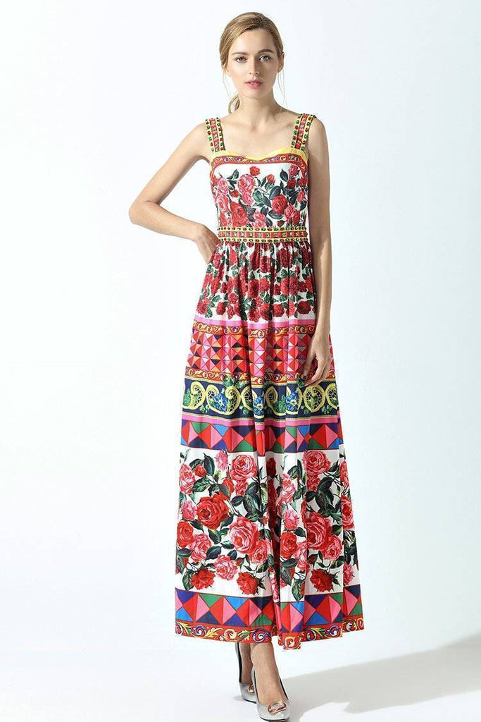 Clothing Summer Runway Spaghetti Strap Rose Flower Print Beading Long Dress (US 2-14)
