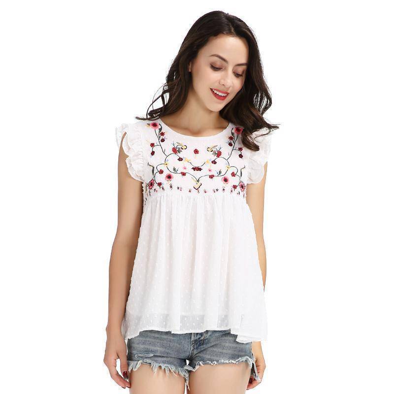 Clothing Sweet floral embroidery pleated ruffled shirt cute sleeveless vintage doll blouse  (US 8-16)