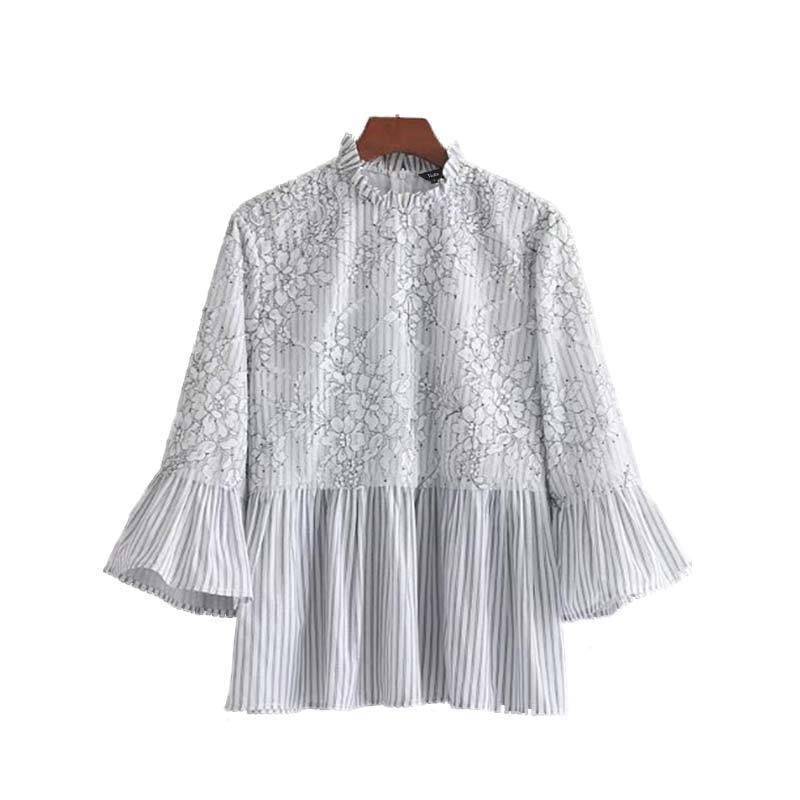 Clothing Sweet lace patchwork floral striped shirt flare sleeve ruffled collar blouse pleated (US 2-10)