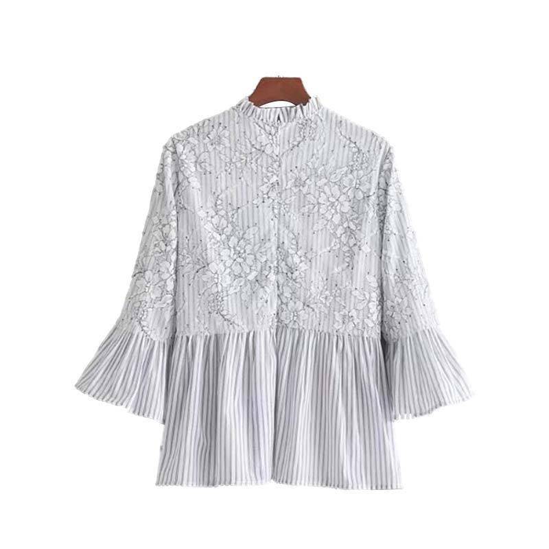 Clothing Sweet lace patchwork floral striped shirt flare sleeve ruffled collar blouse pleated (US 2-10)