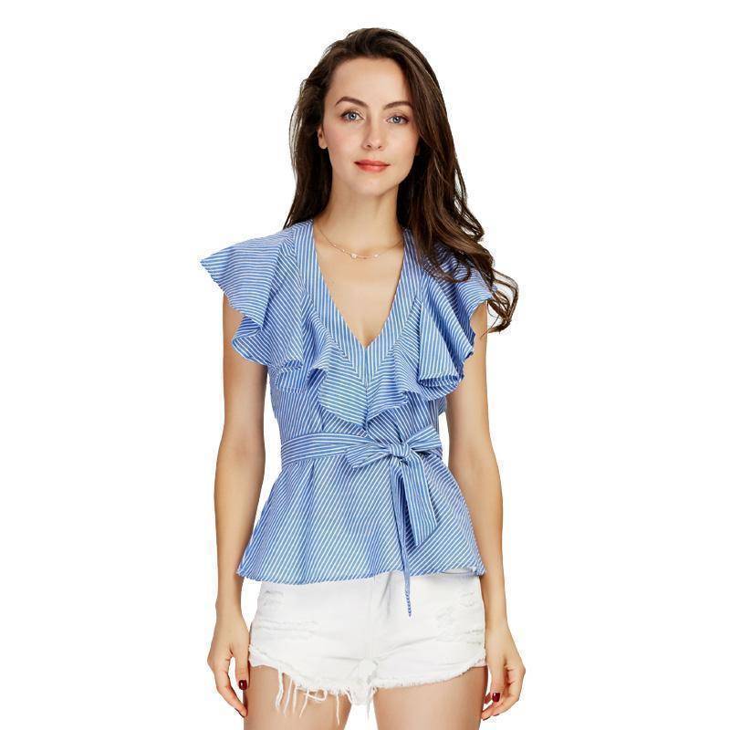 Clothing Sweet ruffles striped blue shirts sexy v-neck sashes short sleeve  (US 4-14)