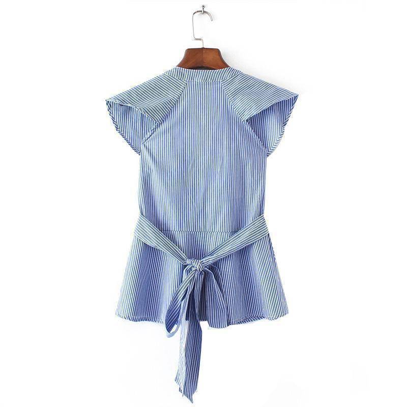 Clothing Sweet ruffles striped blue shirts sexy v-neck sashes short sleeve  (US 4-14)