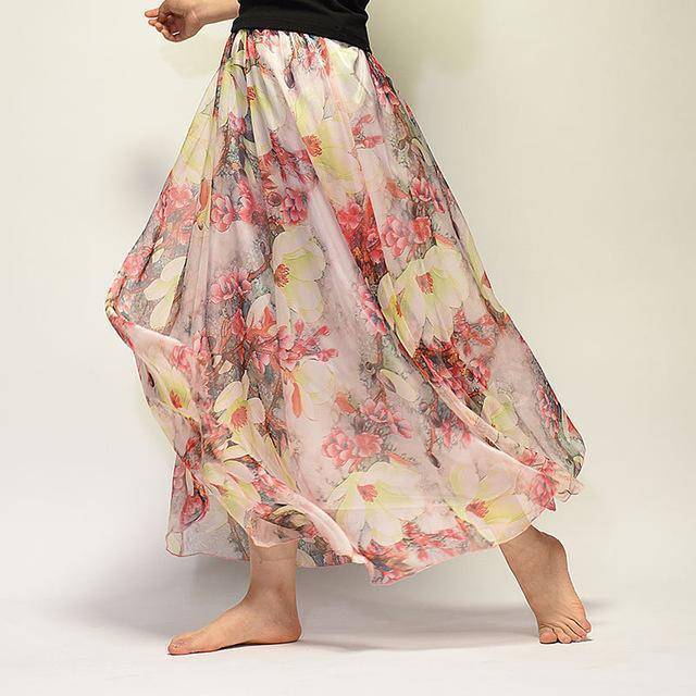 Clothing Tan Fits 20"-39" waist, Chiffon Floral Printed Boho long (Floor Length) Skirt  Fits up to (US 16)