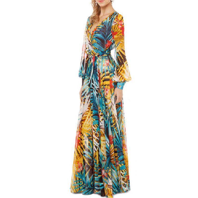 tropical multicolor long sleeve maxi dress O Ring Maxi Dress: Tropical Fantasy Long Sleeve Green Print Little Secret Of Mine