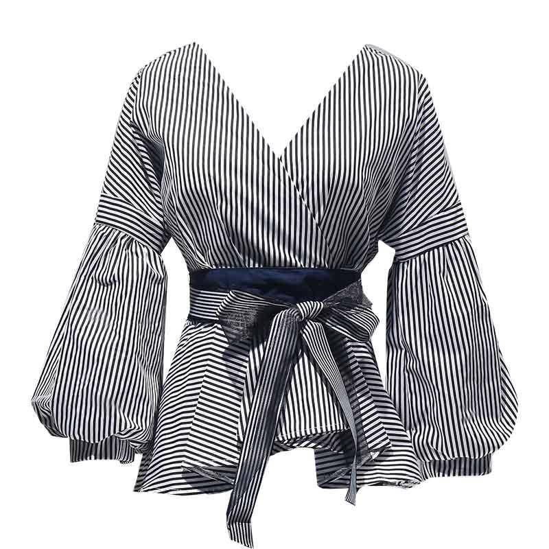 Clothing V-neck Striped Lantern Sleeve Blouse  (US 4-16)