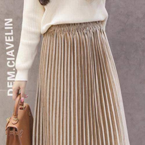 clothing Velvet Belt - Beige / S 7 colors, S- XL, 2 Belt choices, Velvet Pleated Mid Calf Skirts