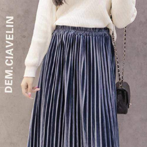 clothing Velvet Belt - Blue / S 7 colors, S- XL, 2 Belt choices, Velvet Pleated Mid Calf Skirts
