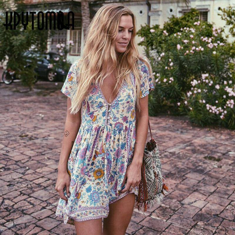 www.Nuroco.com - Vintage Birds Floral Print Mini Dress Women New Fashion V-Neck Short Sleeve Summer www.Nuroco.com - Vintage Birds Floral Print Mini Dress Women New Fashion V-Neck Short Sleeve Summer