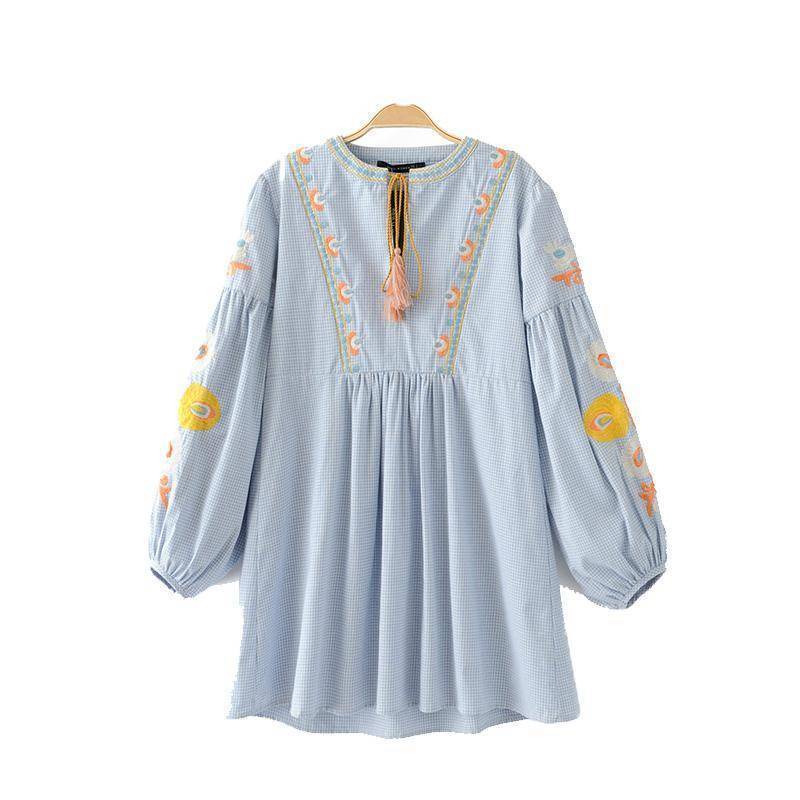 Clothing Vintage floral embroidery V neck plaid dress (US 8-16)