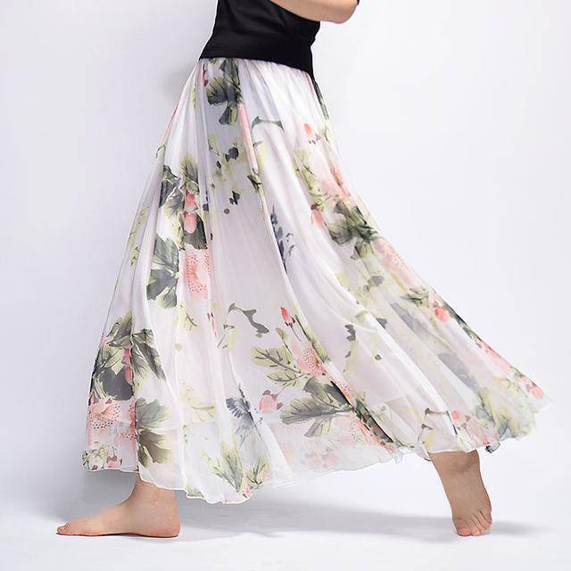 Clothing white Fits 20"-39" waist, Chiffon Floral Printed Boho long (Floor Length) Skirt  Fits up to (US 16)