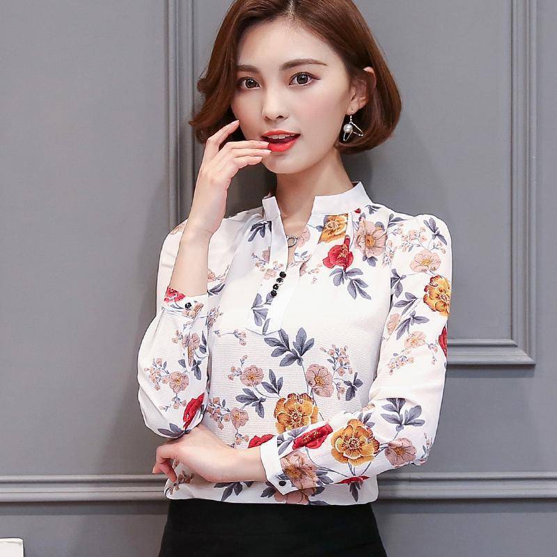Clothing White Long Sleeve / S (US 4-6) Korean floral printed chiffon shirt tops  (US 4-16)