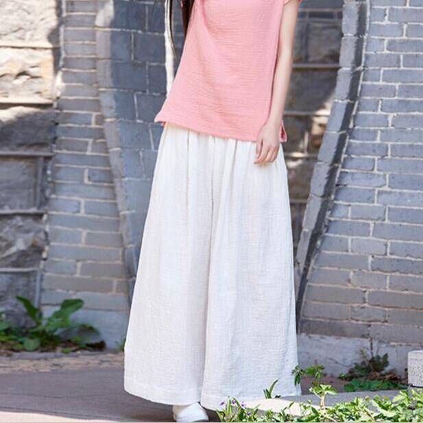 Clothing White / M (US 2) Loose Wide  Elastic Waist Cotton linen Trousers (US 2-18W)