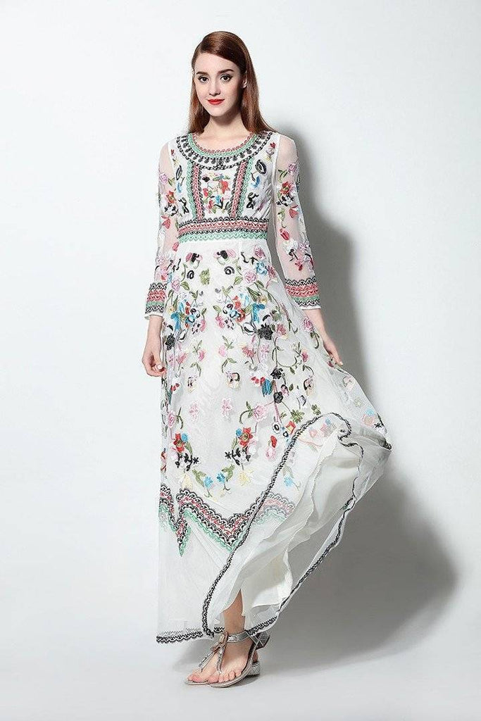 Clothing White / M (US 6-8) Runway Designer, Long Gauze Floral Embroidery Dress (US 4-16)
