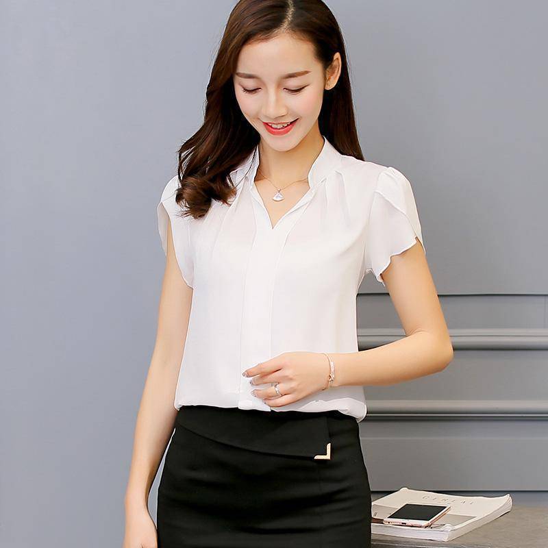 Clothing White / M (US 8-10) Plus Size - Short Sleeve Bodycon Chiffon Blouse Tops (US 6-16W)