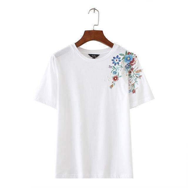 clothing white / S Flower embroidery T shirt