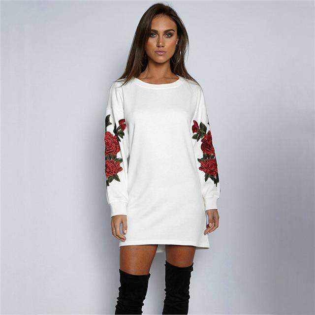 clothing white / S Plus Size Rose floral Embroidery Long Sleeve Pullovers Sweatshirt Hoodies S-5XL