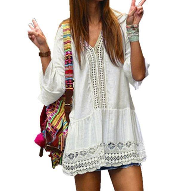 Clothing White / S (US 12-14) Plus Size - Boho Deep V-neck 3/4 Sleeve Crochet Lace Long Shirt / Mini Dress (US 12-20)