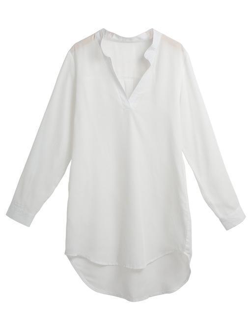 Clothing White / S (US 12) Plus Size - Chiffon Blouse Shirt, V Neck Pockets Roll up Long Sleeve Asymmetrical Shirt  (US 12-22W)