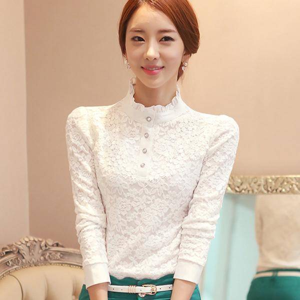 Clothing white / S (US 2-4) Long Sleeve Lace Floral Patchwork Chiffon Blouse Shirts  (US 2-16W)