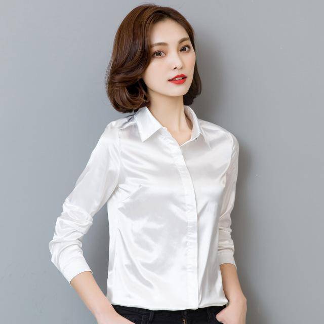 Clothing white / S (US 2-4) Plus Size - Long Sleeve Silk Blouse  (US 4-16)