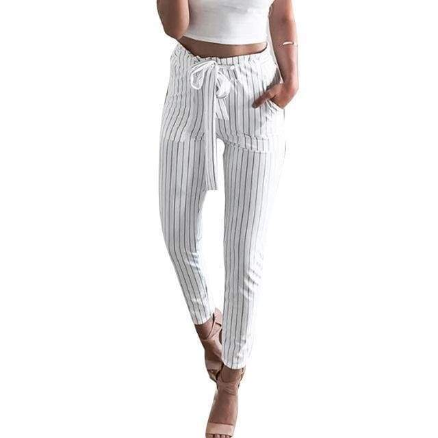 Clothing White / S (US 2) Striped Strechy Elastic High Waist Harem Pants Women Bowtie Belt Slim Long Trousers Women's Casual Capris With Pockets (US 2-16)
