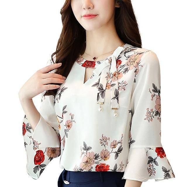 Clothing White / S (US 4-6) Floral Print Shirts Elegant Three Quarter Flare Sleeves Chiffon (US 4-16)