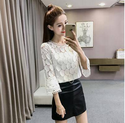 Clothing White / S (US 4-6) Hollow Out Lace Blouses Shirts Flare Sleeves O-Neck (US 4-16)