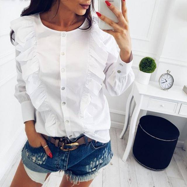 Clothing White / S (US 4-6) New Women Autumn Winter Cute Ruffle Slim Blouse O-neck Long Sleeve button Ladies Casual shirts (US 4-16)