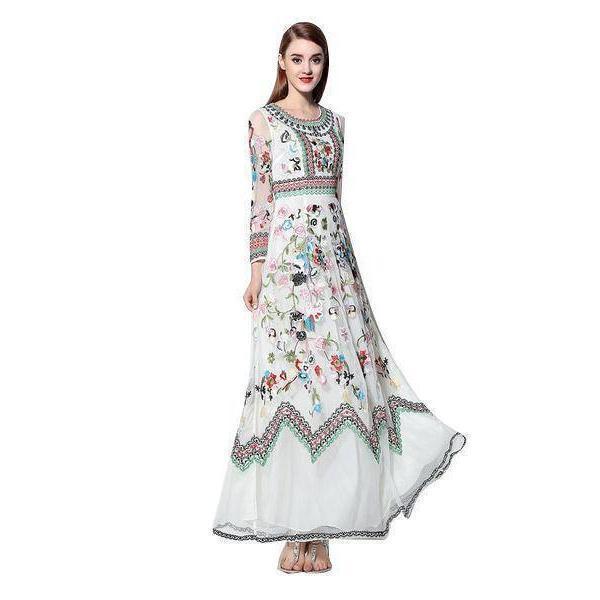 Florentina Off White Linen Knee Length Summer Dress with Multi Color Floral Embroidery