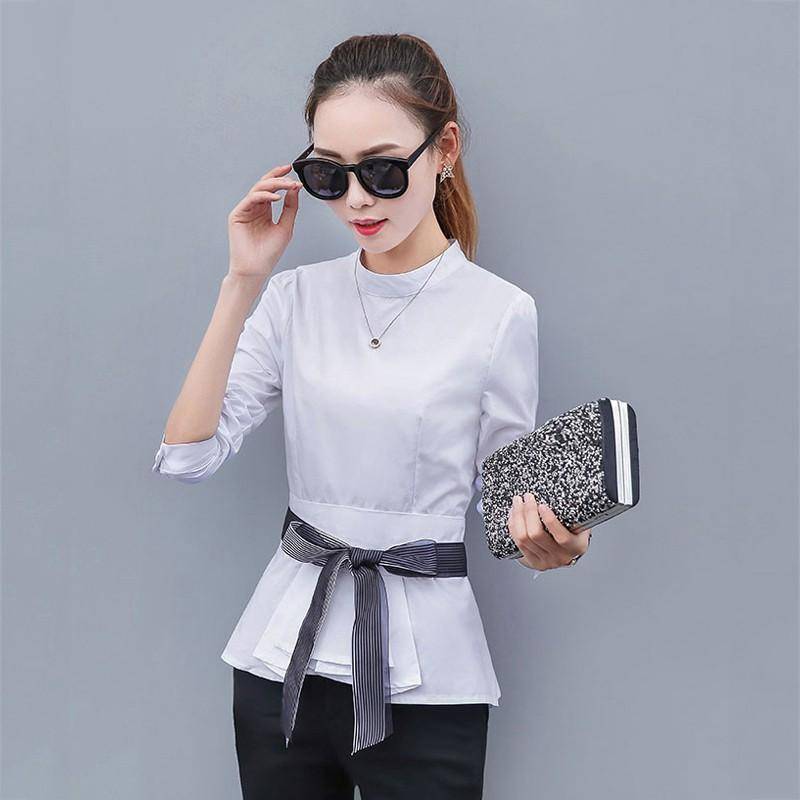 Clothing White / S (US 4 ) Peplum Striped Blouses with Bow Long Sleeve Shirts  (US 4-12)