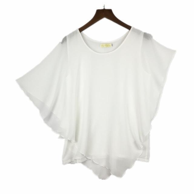Clothing White / S (US 6-8) Plus Size - 16 Color Plus size Ladies Chiffon Blouses ,Batwing sleeve tops shirts women asymmetric shirts (US 6-24W)