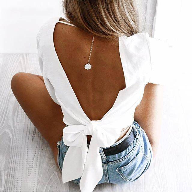 Clothing White / S (US 6-8) Summer Women Sexy Chiffon Deep-V Neck Backless Bow Short Blouse Full Sleeve Club Party Shirts (US 6-14)