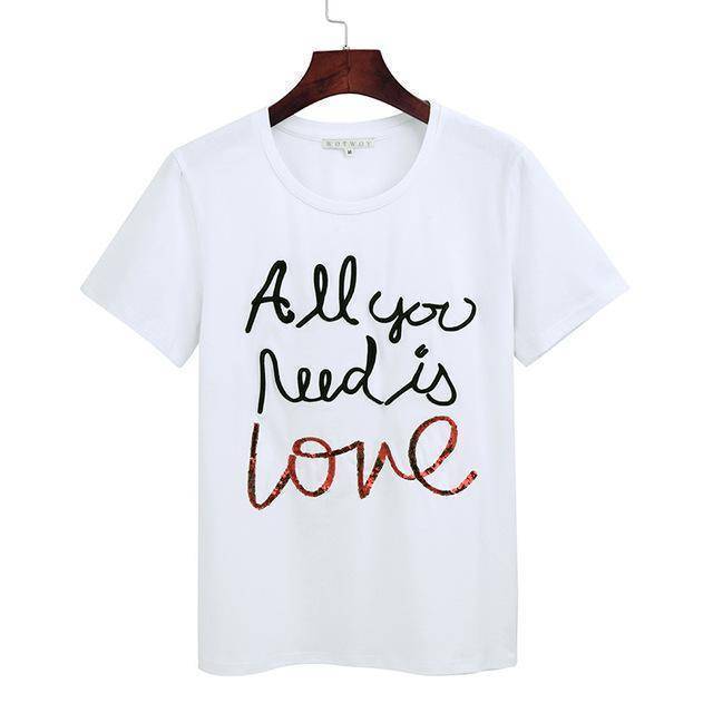 Clothing White / S (US 6-8) Women Sequin Embroidery Tops Tees Cotton T-shirt - "All you need is love"    (US 6-12)