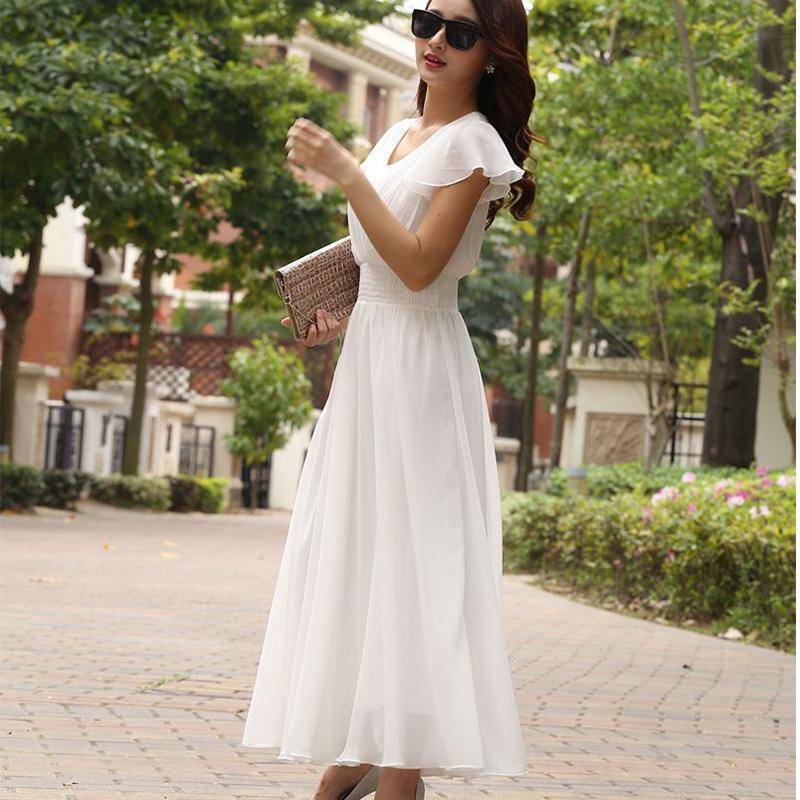 Clothing White / S (US 6) Chiffon Solid Bohemian Dress Maxi dresses V-Neck Causal  (US 6-12)
