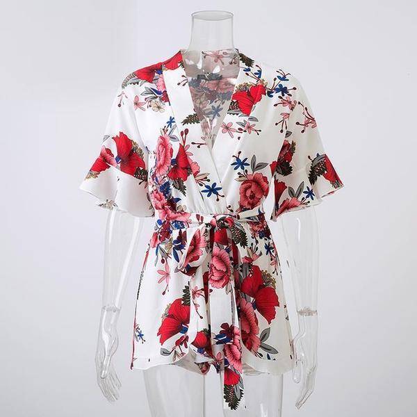 Clothing White / S (US 8-10) Boho Floral Print Ruffles Playsuits V Neck Jumpsuits Rompers  (US 8-14)