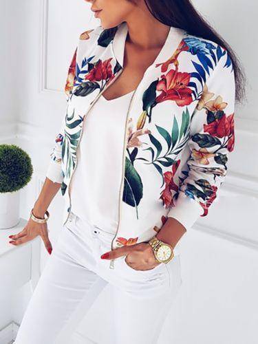 Clothing White / S (US 8-10) Floral Zipper Long Sleeve Jacket Coat  Tops (US 8-16)