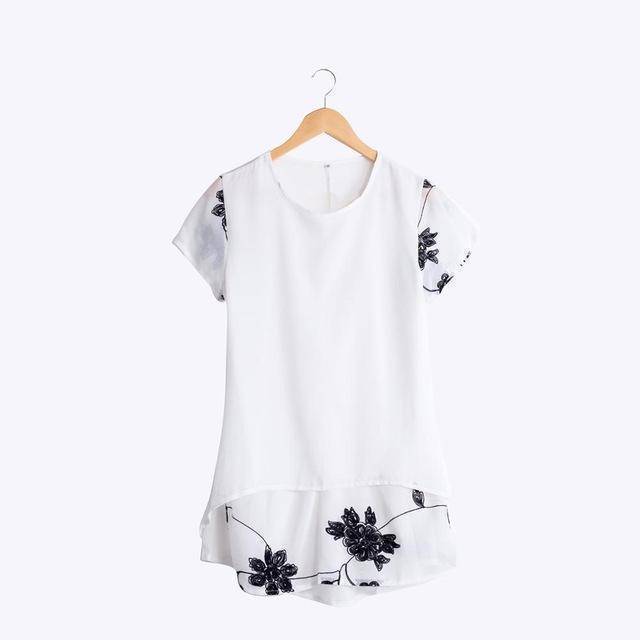 Clothing White / S (US 8-10) Plus Size - Chiffon Blouse Loose Short Sleeve Embroidery Flower Print Patchwork (US 8-22W)