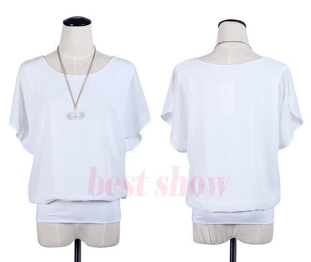 Clothing white / S (US 8-10) Plus Size - Chiffon Blouse Ruffle Batwing Sleeve  (US 8-20w)