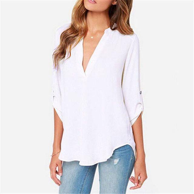 Clothing White / S (US 8-10) Plus Size - New Summer Fashion Women Casual V-neck Long Sleeve Blouse Casual Womens Loose Tops Blouses Clothing (8-22W)