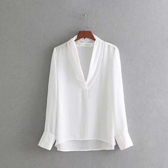 Clothing WHITE / S (US 8-10) Spring Women Sweet Blouse Long Sleeve Solid V Neck Blouse Fashion Casual Female Blouse Women Tops (US 8-14)