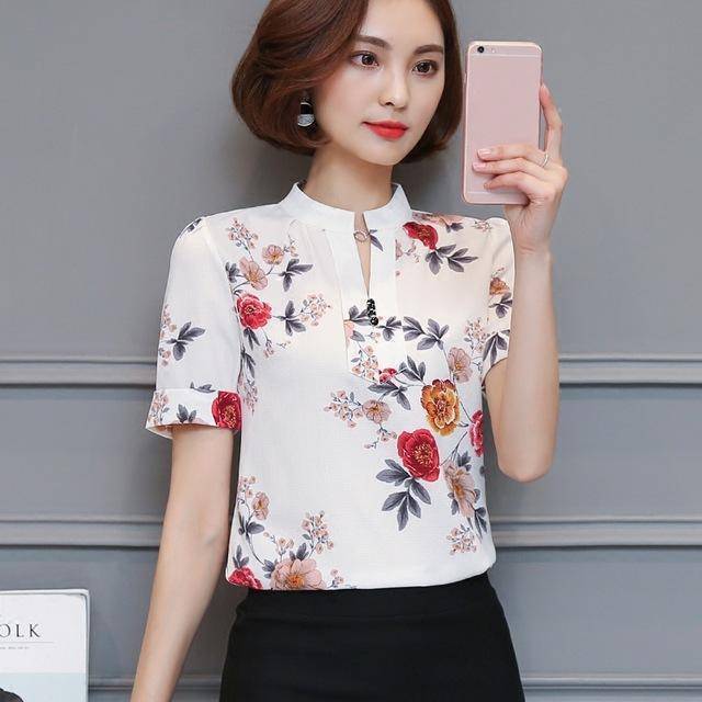 Clothing White Short Sleeve / S (US 4-6) Korean floral printed chiffon shirt tops  (US 4-16)