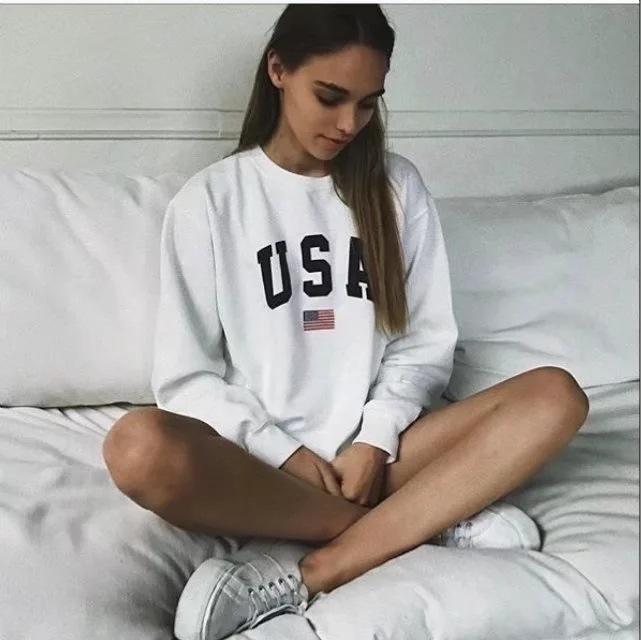 Clothing White / (US 18W-20W) Womens Hoodies USA Long Sleeve O Neck Hoodie Letter Printed Sweatshirt Jumper Pullover Tops Autumn Winter Femme Loose White Coat (US 18W-20W)