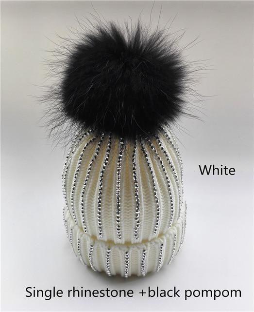 Clothing white with black pom Removable Winter Warm Fur Pom pom Knitted bling Hats,  Skullies Beanie With 15cm Fur Ball