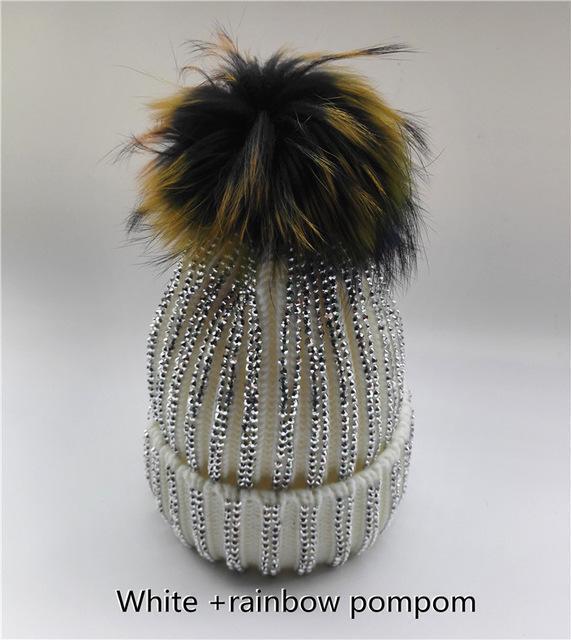 Clothing white with rainbow Removable Winter Warm Fur Pom pom Knitted bling Hats,  Skullies Beanie With 15cm Fur Ball
