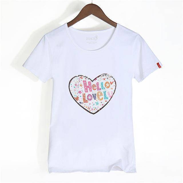 clothing White / XS Petite Happy Reversible Sequin Cotton T-Shirt ( S /US 0 - XXXL/ US 12)
