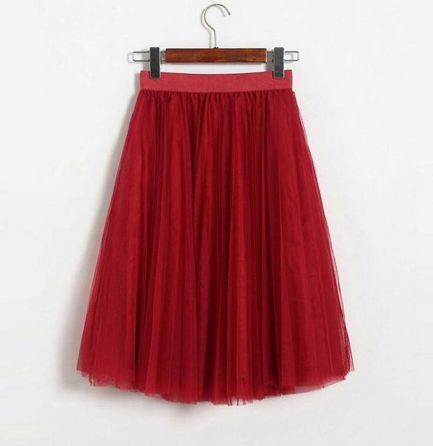 clothing Wine Red Fits 22" - 41" wasit - Three Layers, Tulle Elastic High waist Midi Skirt