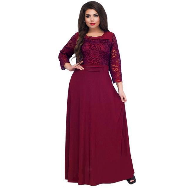Clothing Wine Red / L (US 10-12) Plus Size - Women Long Dress Maxi Autumn Winter Big Sizes Lace Patchwork Dress Sexy Party Dresses Black Clothing (US 10-22W)